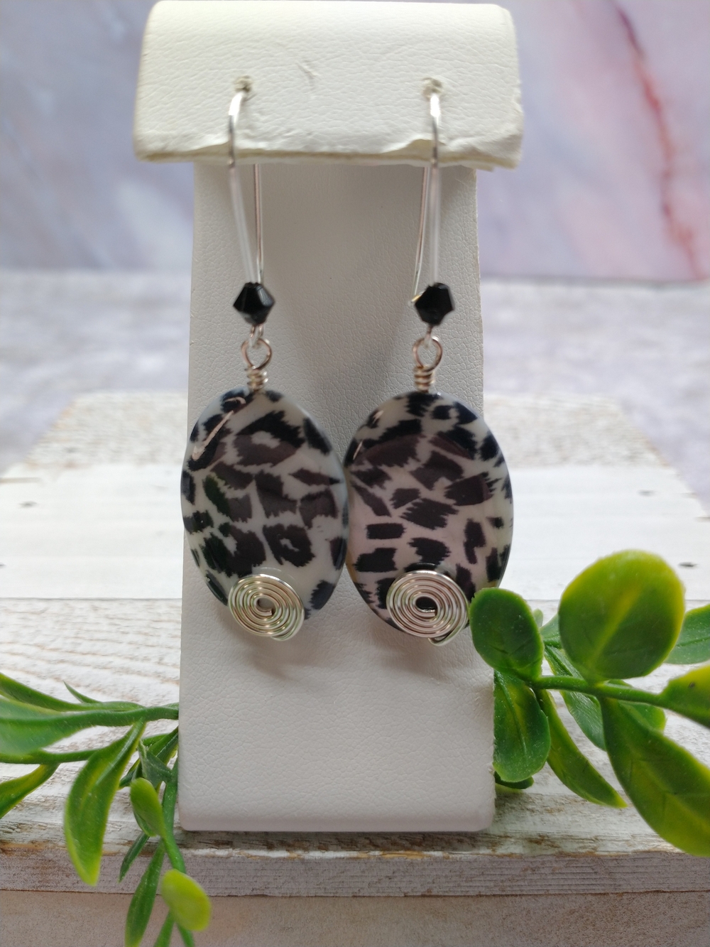 New Handmade Animal Print, Mother of Pearl Drop Earrings
